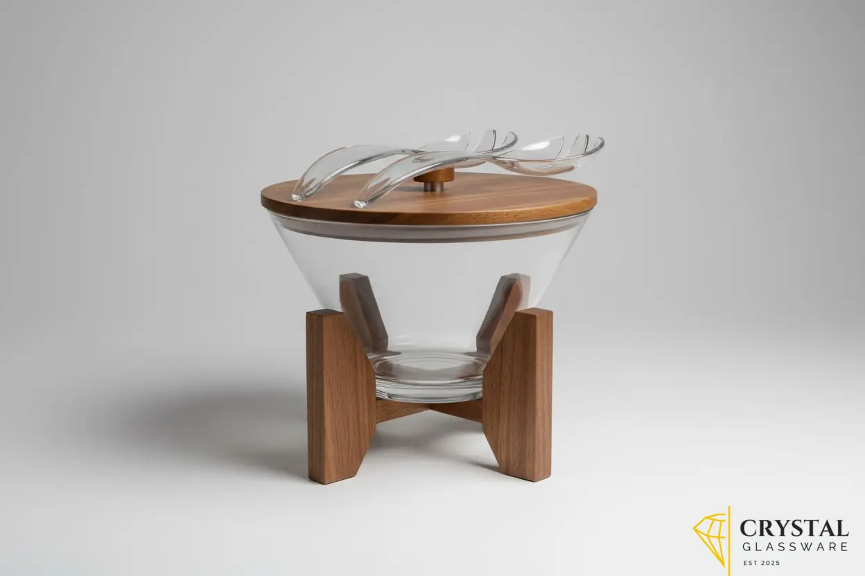 Glass or acrylic salad bowl featuring a natural wood stand